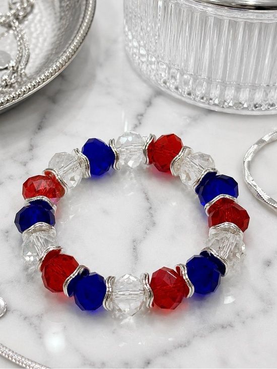 Hand Crafted Jewelry - Patriotic Hydro Quartz Crystal and Sterling Silver Beaded Bracelet 6 3/4”